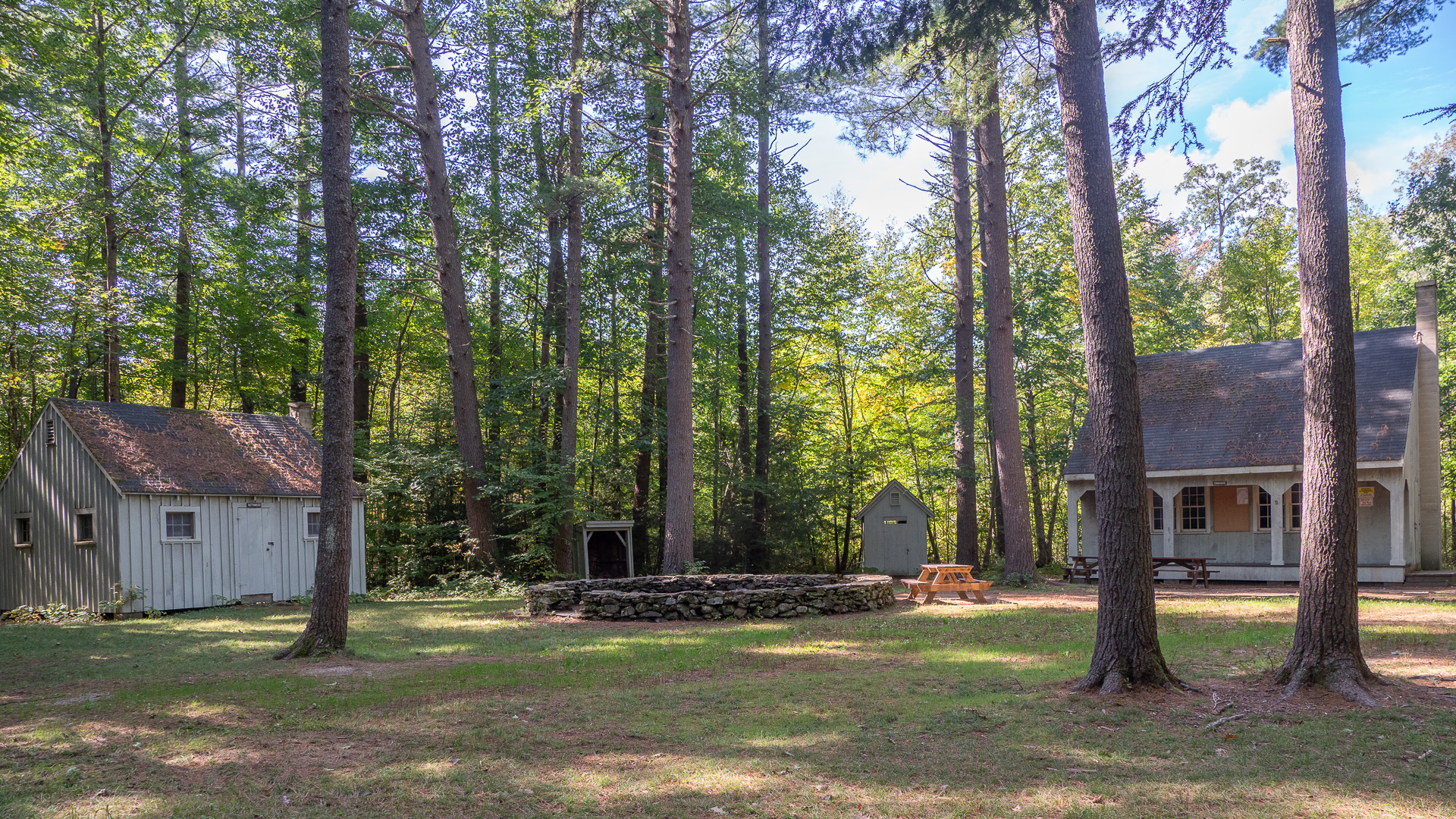 Campsite area with two bunkhouses, a cook house and a large fire pit Campsite area with two bunkhouses, a cook house and a large fire pit