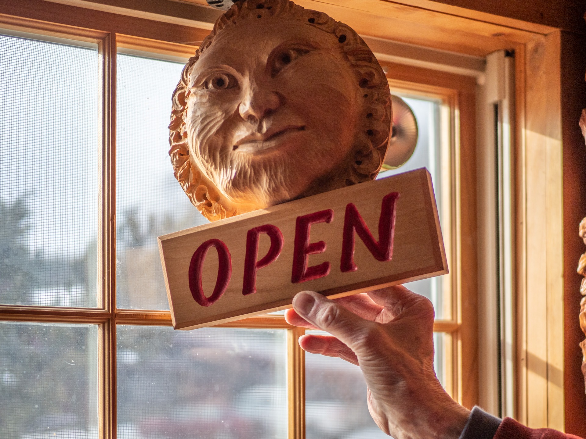 Oak Leaves Studio is "Open" for business. Sign carved by William J. Schnute