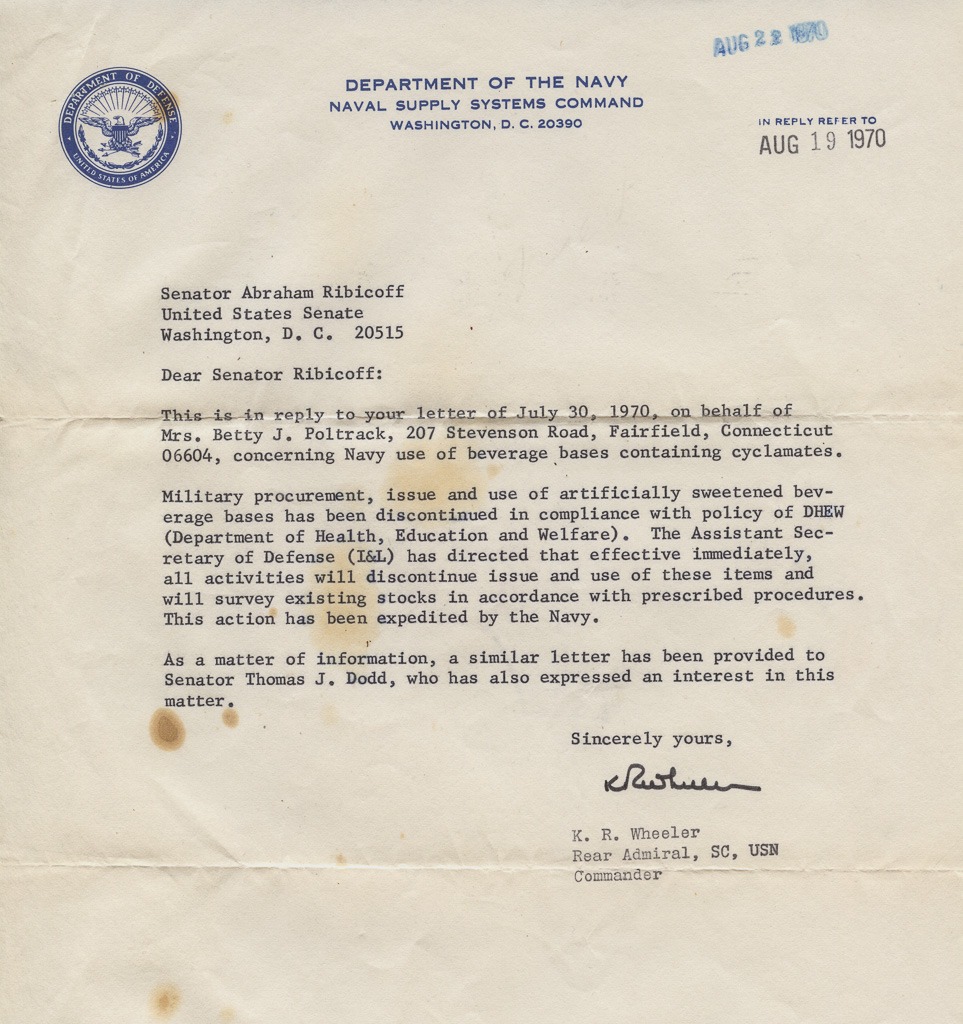 Letter to Abraham Ribicoff from Rear Admiral K.R. Wheeler about cyclamates