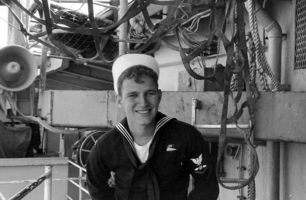 John Poltrack in dress blues aboard USS Bon Homme Richard