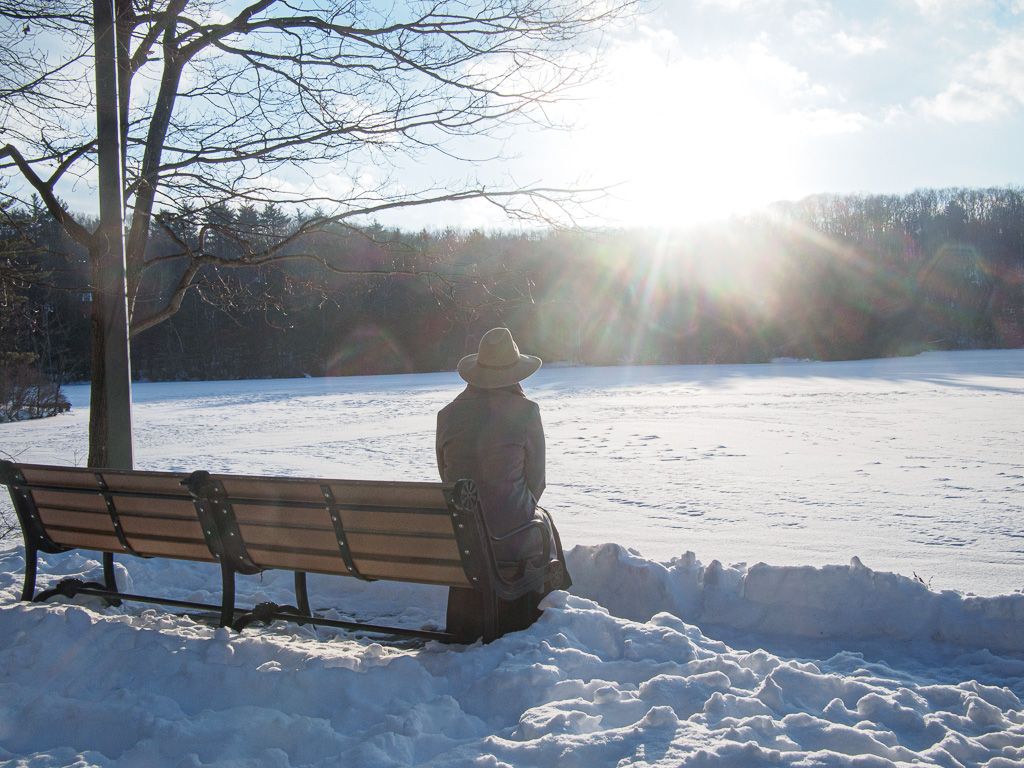 Woman sitting on park bench near a pond in winter time