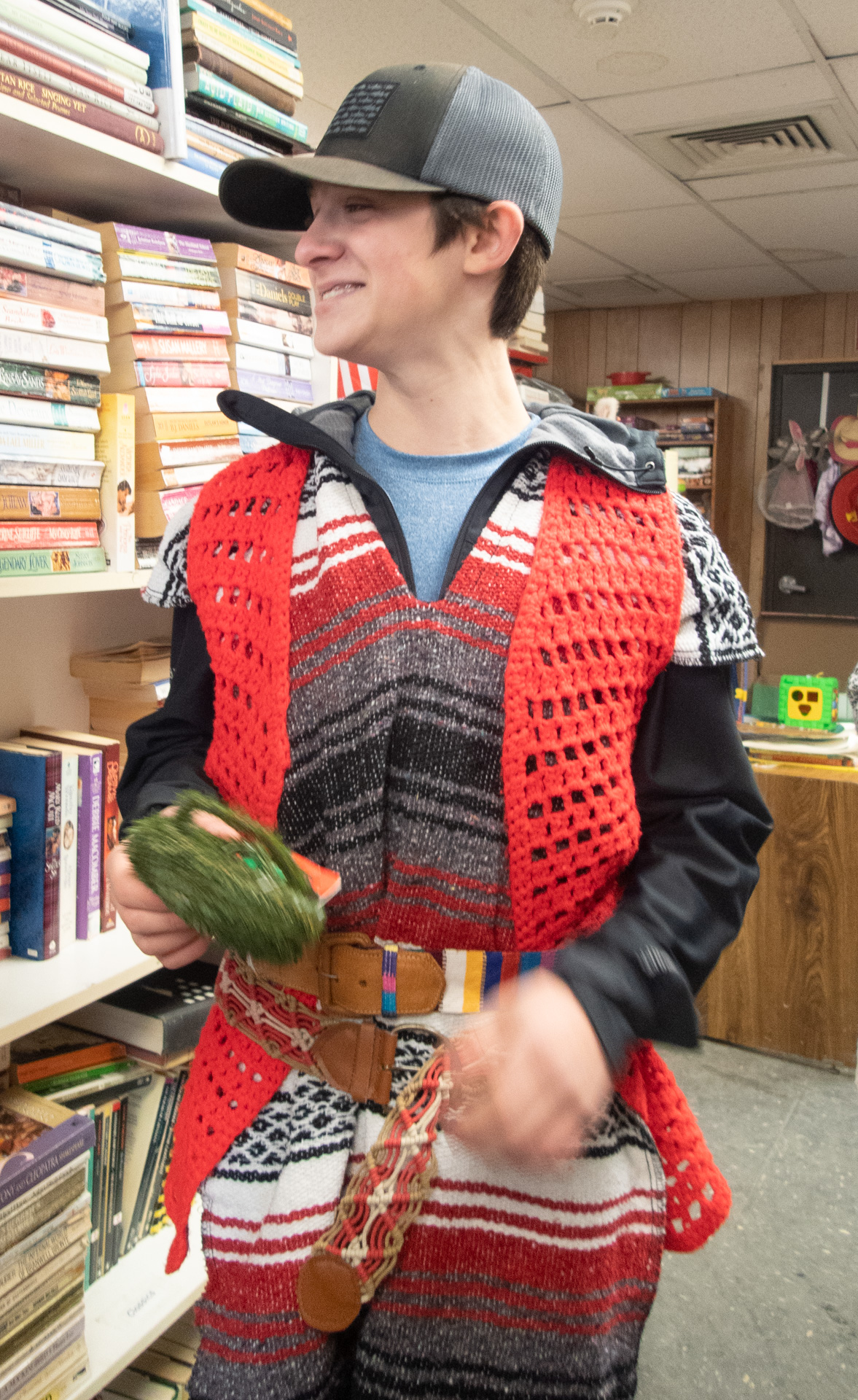 Noel works on an "ugly sweater" project for Christmas