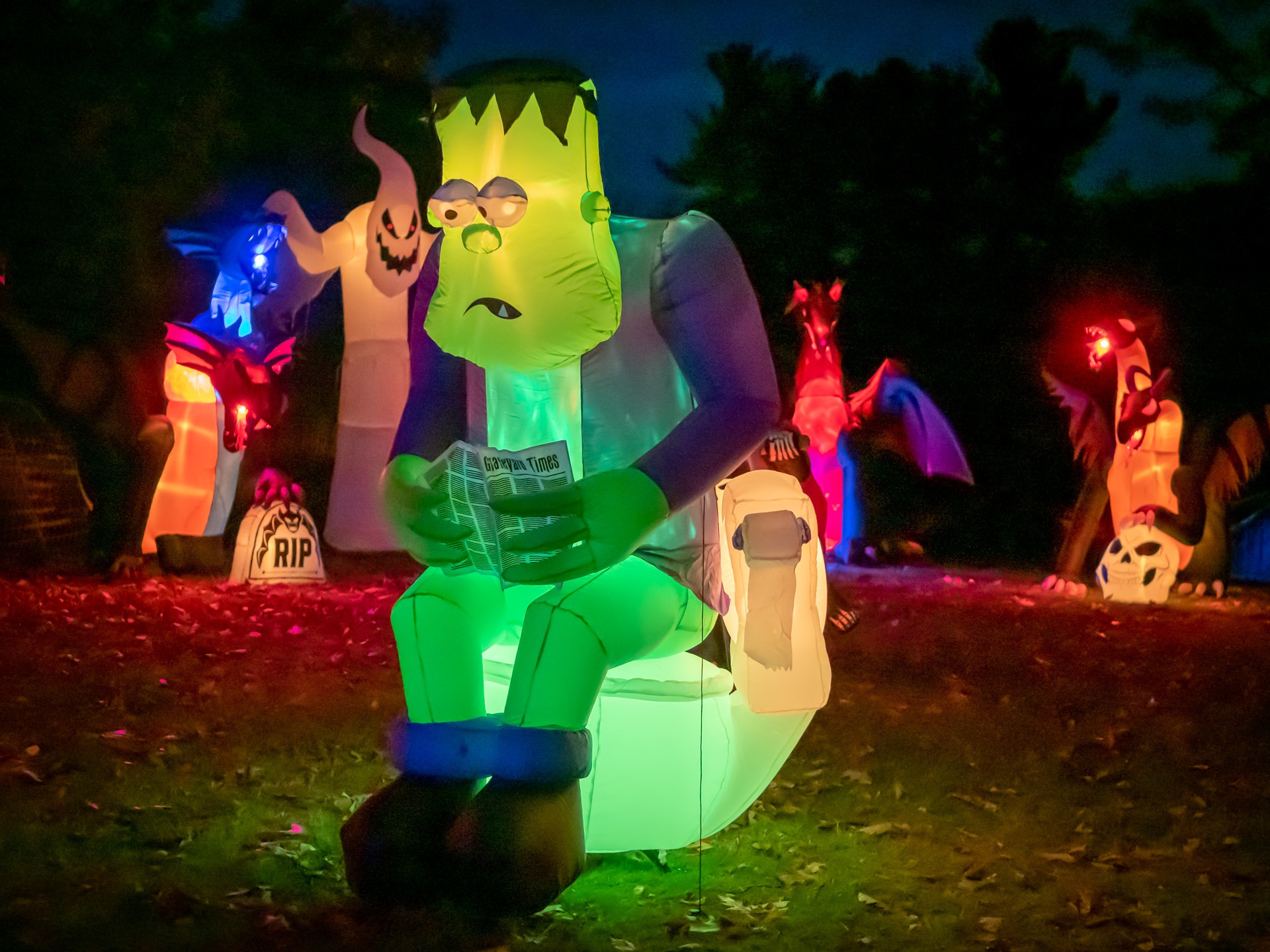 Inflatable Frankenstein on a toilet