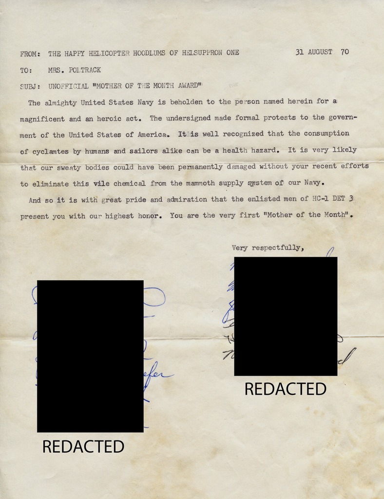 Appreciation letter sent to my mother by my Navy shipmates