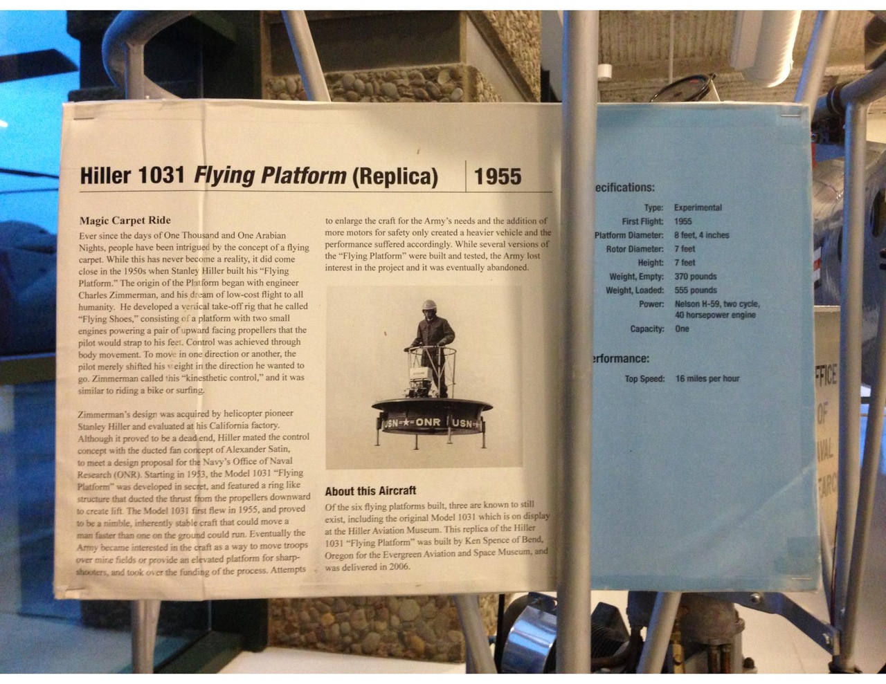 Placard describing the reproduction of the Hiller 1031 on display at the Evergreen Aircraft Museum - Author Chesnimnus (Wikipedia Commons)