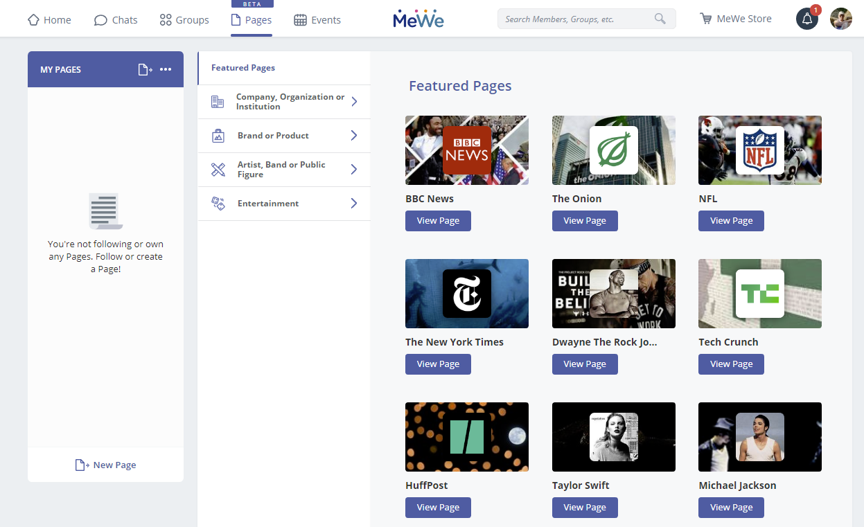 Screenshot of the MeWe Pages
