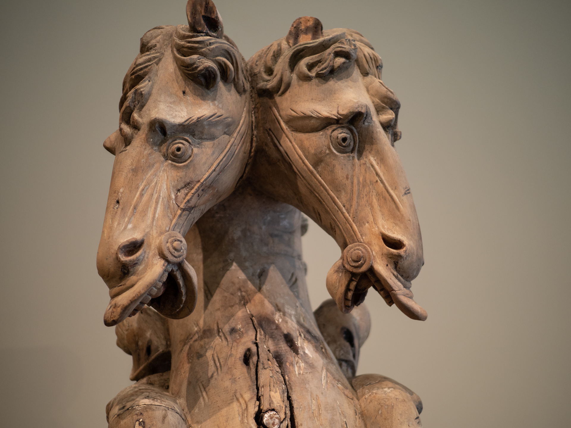 Two-headed equestrian figurehead about 1750. Ther extant example of a double-headed form. It was carved for a British ship.