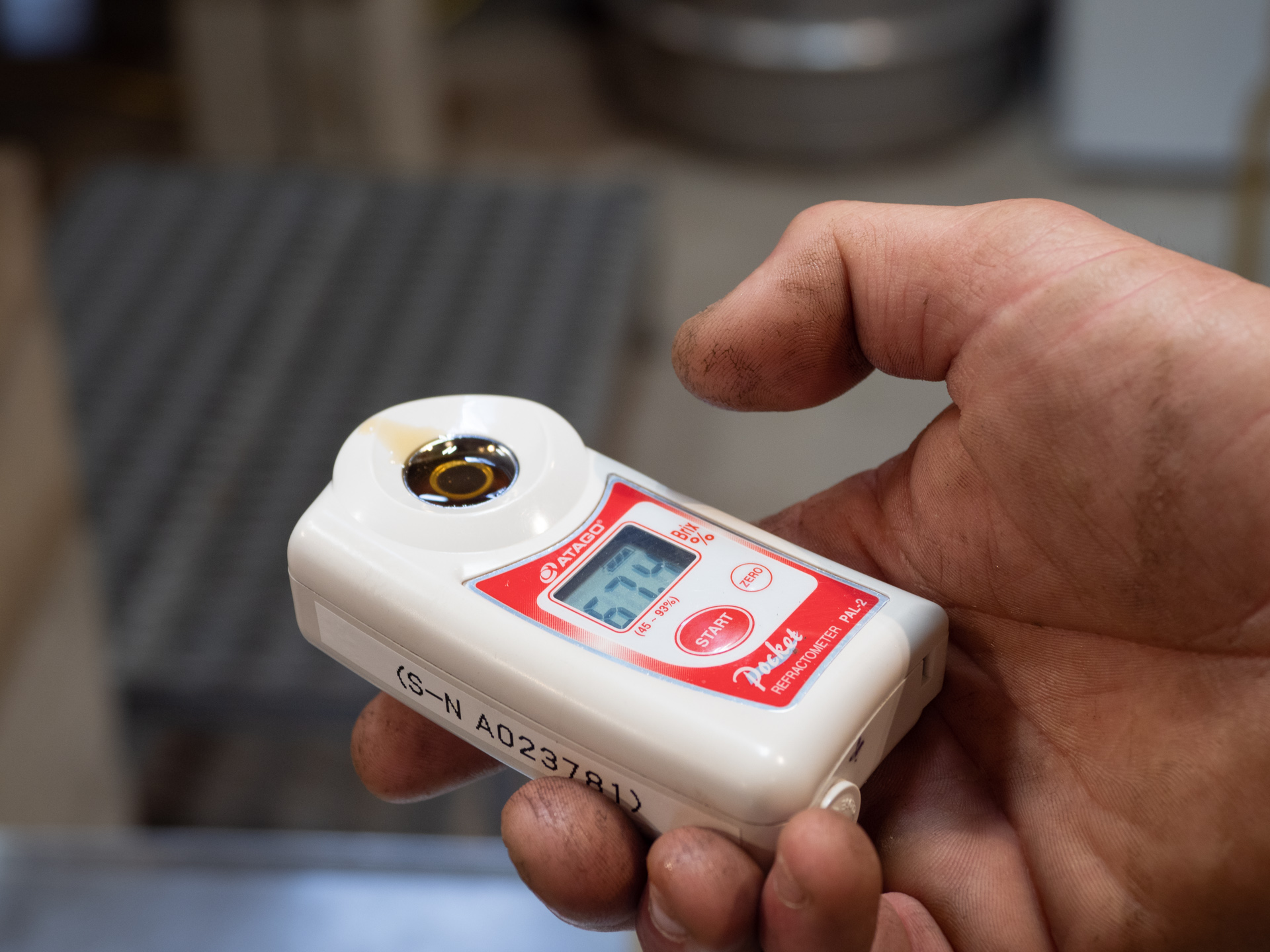 Maple Syrup Refractometer used to display sugar content. Pure maple syrup should be in the range of 66% - 68% Brix